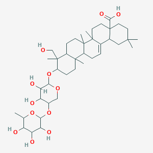 molecular formula C41H66O12 B596653 10-[3,4-Dihydroxy-5-(3,4,5-trihydroxy-6-methyloxan-2-yl)oxyoxan-2-yl]oxy-9-(hydroxymethyl)-2,2,6a,6b,9,12a-hexamethyl-1,3,4,5,6,6a,7,8,8a,10,11,12,13,14b-tetradecahydropicene-4a-carboxylic acid CAS No. 123350-57-2