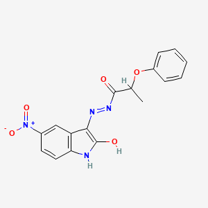 molecular formula C17H14N4O5 B5966536 N'-[(3E)-5-Nitro-2-oxo-2,3-dihydro-1H-indol-3-ylidene]-2-phenoxypropanehydrazide 