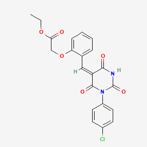 molecular formula C21H17ClN2O6 B5966617 ethyl 2-[2-[(E)-[1-(4-chlorophenyl)-2,4,6-trioxo-1,3-diazinan-5-ylidene]methyl]phenoxy]acetate 