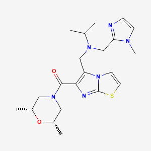 molecular formula C21H30N6O2S B5968802 N-[(6-{[(2R*,6S*)-2,6-dimethyl-4-morpholinyl]carbonyl}imidazo[2,1-b][1,3]thiazol-5-yl)methyl]-N-[(1-methyl-1H-imidazol-2-yl)methyl]-2-propanamine 