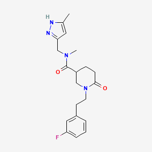 molecular formula C20H25FN4O2 B5969229 1-[2-(3-fluorophenyl)ethyl]-N-methyl-N-[(5-methyl-1H-pyrazol-3-yl)methyl]-6-oxo-3-piperidinecarboxamide 