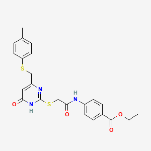 molecular formula C23H23N3O4S2 B5975483 Ethyl 4-({[(4-{[(4-methylphenyl)sulfanyl]methyl}-6-oxo-1,6-dihydropyrimidin-2-yl)sulfanyl]acetyl}amino)benzoate 