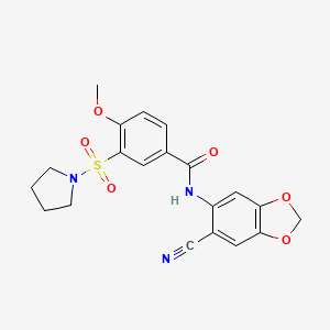 molecular formula C20H19N3O6S B5981780 N-(6-CYANO-2H-1,3-BENZODIOXOL-5-YL)-4-METHOXY-3-(PYRROLIDINE-1-SULFONYL)BENZAMIDE 
