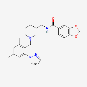 molecular formula C26H30N4O3 B5982680 N-[[1-[(2,4-dimethyl-6-pyrazol-1-ylphenyl)methyl]piperidin-3-yl]methyl]-1,3-benzodioxole-5-carboxamide 