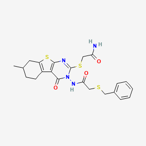 molecular formula C22H24N4O3S3 B5985721 N-[2-[(2-amino-2-oxoethyl)thio]-7-methyl-4-oxo-5,6,7,8-tetrahydro[1]benzothieno[2,3-d]pyrimidin-3(4H)-yl]-2-(benzylthio)acetamide 
