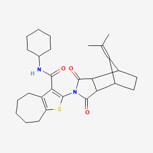 molecular formula C28H36N2O3S B5993881 N-cyclohexyl-2-[1,3-dioxo-8-(propan-2-ylidene)octahydro-2H-4,7-methanoisoindol-2-yl]-5,6,7,8-tetrahydro-4H-cyclohepta[b]thiophene-3-carboxamide 