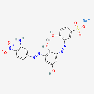 molecular formula C18H14CuN6NaO8S B599919 Sodium;3-[[3-[(3-amino-4-nitrophenyl)diazenyl]-2,5-dihydroxyphenyl]diazenyl]-4-hydroxybenzenesulfonate;copper CAS No. 13011-68-2