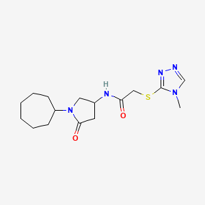 molecular formula C16H25N5O2S B5999625 N-(1-cycloheptyl-5-oxo-3-pyrrolidinyl)-2-[(4-methyl-4H-1,2,4-triazol-3-yl)thio]acetamide 