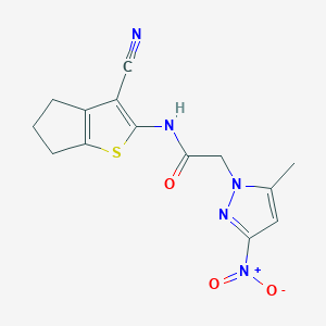 molecular formula C14H13N5O3S B6001185 N-{3-CYANO-4H,5H,6H-CYCLOPENTA[B]THIOPHEN-2-YL}-2-(5-METHYL-3-NITRO-1H-PYRAZOL-1-YL)ACETAMIDE 