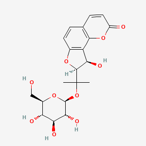 molecular formula C20H24O10 B600213 9-Hydroxy-8-[2-[3,4,5-trihydroxy-6-(hydroxymethyl)oxan-2-yl]oxypropan-2-yl]-8,9-dihydrofuro[2,3-h]chromen-2-one CAS No. 53947-89-0