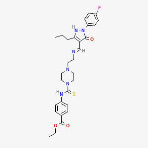 molecular formula C29H35FN6O3S B6003787 ETHYL 4-({4-[2-({[(4E)-1-(4-FLUOROPHENYL)-5-OXO-3-PROPYL-4,5-DIHYDRO-1H-PYRAZOL-4-YLIDENE]METHYL}AMINO)ETHYL]PIPERAZINE-1-CARBOTHIOYL}AMINO)BENZOATE 