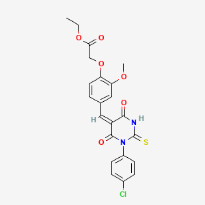 molecular formula C22H19ClN2O6S B6004585 ethyl 2-[4-[(E)-[1-(4-chlorophenyl)-4,6-dioxo-2-sulfanylidene-1,3-diazinan-5-ylidene]methyl]-2-methoxyphenoxy]acetate 