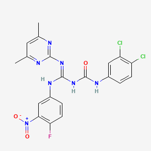 molecular formula C20H16Cl2FN7O3 B6005166 N-(3,4-DICHLOROPHENYL)-N'-[(Z)-1-[(4,6-DIMETHYL-2-PYRIMIDINYL)AMINO]-1-(4-FLUORO-3-NITROANILINO)METHYLIDENE]UREA 