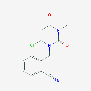 molecular formula C14H12ClN3O2 B600835 2-((6-Chloro-3-ethyl-2,4-dioxo-3,4-dihydropyrimidin-1(2H)-yl)methyl)benzonitrile CAS No. 1430222-06-2