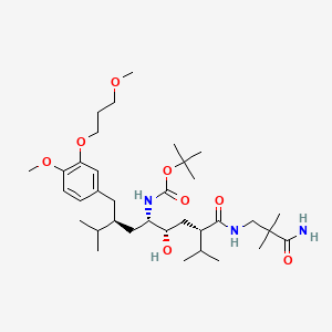 molecular formula C35H61N3O8 B600913 tert-Butyl ((3S,5S,6S,8S)-8-((3-amino-2,2-dimethyl-3-oxopropyl)carbamoyl)-6-hydroxy-3-(4-methoxy-3-(3-methoxypropoxy)benzyl)-2,9-dimethyldecan-5-yl)carbamate CAS No. 173338-07-3