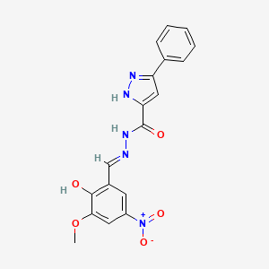 molecular formula C18H15N5O5 B6011714 N-[(E)-(2-hydroxy-3-methoxy-5-nitrophenyl)methylideneamino]-3-phenyl-1H-pyrazole-5-carboxamide 