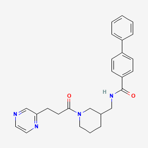 molecular formula C26H28N4O2 B6014876 N-({1-[3-(2-pyrazinyl)propanoyl]-3-piperidinyl}methyl)-4-biphenylcarboxamide 