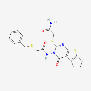 molecular formula C20H20N4O3S3 B6014999 N-[2-[(2-amino-2-oxoethyl)thio]-4-oxo-6,7-dihydro-4H-cyclopenta[4,5]thieno[2,3-d]pyrimidin-3(5H)-yl]-2-(benzylthio)acetamide 