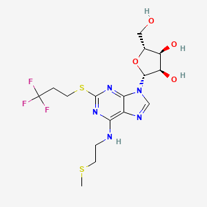 molecular formula C16H22F3N5O4S2 B601635 (2R,3S,4R,5R)-2-(hydroxymethyl)-5-(6-((2-(methylthio)ethyl)amino)-2-((3,3,3-trifluoropropyl)thio)-9H-purin-9-yl)tetrahydrofuran-3,4-diol CAS No. 163706-58-9