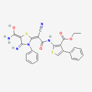 molecular formula C26H21N5O4S2 B6018420 ethyl 2-{[[4-amino-5-(aminocarbonyl)-3-phenyl-1,3-thiazol-2(3H)-ylidene](cyano)acetyl]amino}-4-phenyl-3-thiophenecarboxylate 