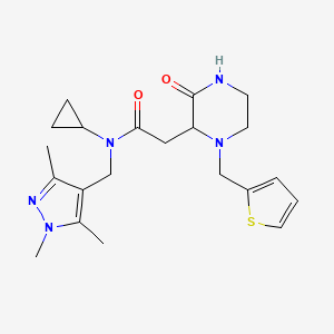 molecular formula C21H29N5O2S B6019845 N-cyclopropyl-2-[3-oxo-1-(thiophen-2-ylmethyl)piperazin-2-yl]-N-[(1,3,5-trimethylpyrazol-4-yl)methyl]acetamide 
