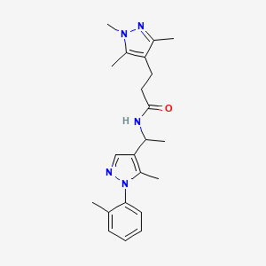 molecular formula C22H29N5O B6020017 N-{1-[5-methyl-1-(2-methylphenyl)-1H-pyrazol-4-yl]ethyl}-3-(1,3,5-trimethyl-1H-pyrazol-4-yl)propanamide 