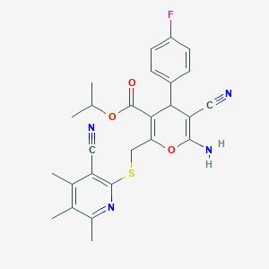 molecular formula C26H25FN4O3S B6020074 propan-2-yl 6-amino-5-cyano-2-{[(3-cyano-4,5,6-trimethylpyridin-2-yl)sulfanyl]methyl}-4-(4-fluorophenyl)-4H-pyran-3-carboxylate 