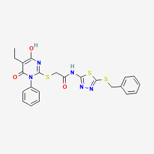 molecular formula C23H21N5O3S3 B6020372 N~1~-[5-(BENZYLSULFANYL)-1,3,4-THIADIAZOL-2-YL]-2-[(5-ETHYL-4-HYDROXY-6-OXO-1-PHENYL-1,6-DIHYDRO-2-PYRIMIDINYL)SULFANYL]ACETAMIDE 