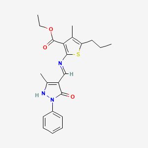 molecular formula C22H25N3O3S B6020883 ethyl 4-methyl-2-[(E)-(5-methyl-3-oxo-2-phenyl-1H-pyrazol-4-yl)methylideneamino]-5-propylthiophene-3-carboxylate 