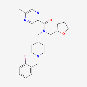 molecular formula C24H31FN4O2 B6021534 N-{[1-(2-fluorobenzyl)-4-piperidinyl]methyl}-5-methyl-N-(tetrahydro-2-furanylmethyl)-2-pyrazinecarboxamide 