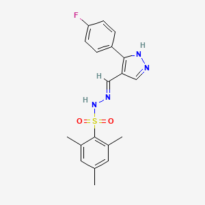 molecular formula C19H19FN4O2S B6025030 N'-{[3-(4-fluorophenyl)-1H-pyrazol-4-yl]methylene}-2,4,6-trimethylbenzenesulfonohydrazide 
