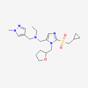 molecular formula C20H31N5O3S B6029762 N-[[2-(cyclopropylmethylsulfonyl)-3-(oxolan-2-ylmethyl)imidazol-4-yl]methyl]-N-[(1-methylpyrazol-4-yl)methyl]ethanamine 