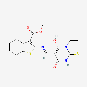 molecular formula C17H19N3O4S2 B6030864 methyl 2-[(E)-(1-ethyl-6-hydroxy-4-oxo-2-sulfanylidenepyrimidin-5-yl)methylideneamino]-4,5,6,7-tetrahydro-1-benzothiophene-3-carboxylate 