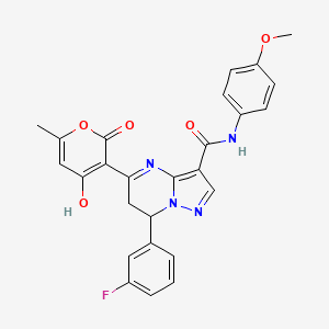 molecular formula C26H21FN4O5 B603322 7-(3-fluorophenyl)-5-(4-hydroxy-6-methyl-2-oxo-2H-pyran-3-yl)-N-(4-methoxyphenyl)-6,7-dihydropyrazolo[1,5-a]pyrimidine-3-carboxamide CAS No. 903853-36-1