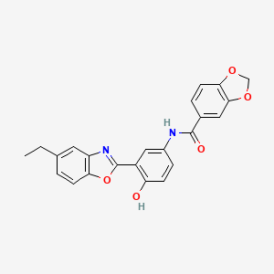 molecular formula C23H18N2O5 B603386 N-[3-(5-ethyl-1,3-benzoxazol-2-yl)-4-hydroxyphenyl]-1,3-benzodioxole-5-carboxamide CAS No. 951985-77-6