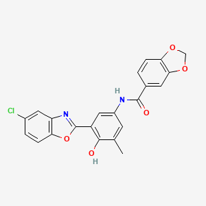molecular formula C22H15ClN2O5 B603388 N-[3-(5-chloro-1,3-benzoxazol-2-yl)-4-hydroxy-5-methylphenyl]-1,3-benzodioxole-5-carboxamide CAS No. 951991-97-2
