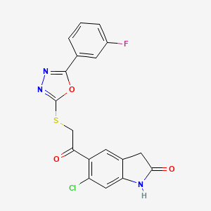 molecular formula C18H11ClFN3O3S B603509 6-chloro-5-({[5-(3-fluorophenyl)-1,3,4-oxadiazol-2-yl]sulfanyl}acetyl)-1,3-dihydro-2H-indol-2-one CAS No. 1152430-72-2