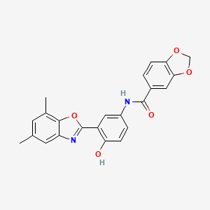 molecular formula C23H18N2O5 B603538 N-[3-(5,7-dimethyl-1,3-benzoxazol-2-yl)-4-hydroxyphenyl]-1,3-benzodioxole-5-carboxamide CAS No. 920448-25-5