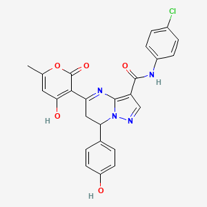 molecular formula C25H19ClN4O5 B603554 N-(4-chlorophenyl)-5-(4-hydroxy-6-methyl-2-oxo-2H-pyran-3-yl)-7-(4-hydroxyphenyl)-6,7-dihydropyrazolo[1,5-a]pyrimidine-3-carboxamide CAS No. 903856-49-5
