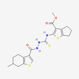 molecular formula C20H23N3O3S3 B6037401 methyl 2-[({2-[(6-methyl-4,5,6,7-tetrahydro-1-benzothiophen-3-yl)carbonyl]hydrazinyl}carbonothioyl)amino]-5,6-dihydro-4H-cyclopenta[b]thiophene-3-carboxylate 
