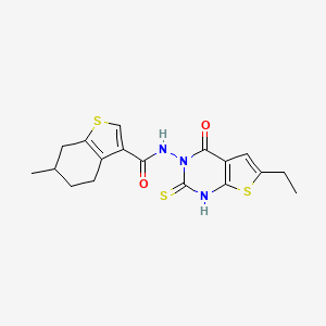 molecular formula C18H19N3O2S3 B6037794 N-(6-ethyl-4-oxo-2-sulfanylthieno[2,3-d]pyrimidin-3(4H)-yl)-6-methyl-4,5,6,7-tetrahydro-1-benzothiophene-3-carboxamide 