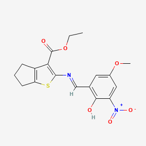 molecular formula C18H18N2O6S B604379 ethyl 2-({2-hydroxy-3-nitro-5-methoxybenzylidene}amino)-5,6-dihydro-4H-cyclopenta[b]thiophene-3-carboxylate CAS No. 342388-44-7