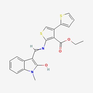 molecular formula C21H18N2O3S2 B604385 Ethyl 2-[(2-hydroxy-1-methylindol-3-yl)methylideneamino]-4-thiophen-2-ylthiophene-3-carboxylate CAS No. 342395-99-7