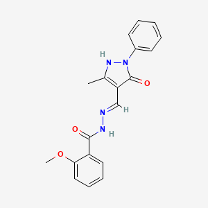molecular formula C19H18N4O3 B604392 N'~1~-[(E)-1-(5-HYDROXY-3-METHYL-1-PHENYL-1H-PYRAZOL-4-YL)METHYLIDENE]-2-METHOXYBENZOHYDRAZIDE CAS No. 342592-25-0