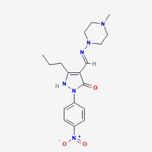 molecular formula C18H24N6O3 B604684 2-{4-nitrophenyl}-4-{[(4-methyl-1-piperazinyl)imino]methyl}-5-propyl-1,2-dihydro-3H-pyrazol-3-one CAS No. 373612-83-0
