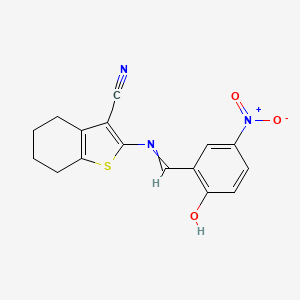 molecular formula C16H13N3O3S B604704 2-{[(2-Hydroxy-5-nitrophenyl)methylidene]amino}-4,5,6,7-tetrahydro-1-benzothiophene-3-carbonitrile CAS No. 316139-07-8