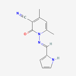 molecular formula C13H12N4O B604712 (E)-1-(((1H-pyrrol-2-yl)methylene)amino)-4,6-dimethyl-2-oxo-1,2-dihydropyridine-3-carbonitrile CAS No. 349475-84-9