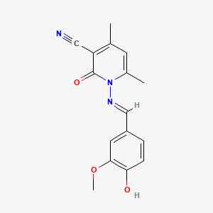 molecular formula C16H15N3O3 B604715 1-{[(1E)-(4-hydroxy-3-methoxyphenyl)methylene]amino}-4,6-dimethyl-2-oxo-1,2-dihydropyridine-3-carbonitrile CAS No. 31558-12-0