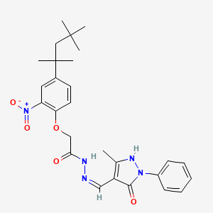 molecular formula C27H33N5O5 B6048916 N-[(Z)-(5-methyl-3-oxo-2-phenyl-1H-pyrazol-4-yl)methylideneamino]-2-[2-nitro-4-(2,4,4-trimethylpentan-2-yl)phenoxy]acetamide 
