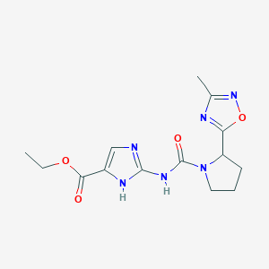 molecular formula C14H18N6O4 B6050158 ethyl 2-[[2-(3-methyl-1,2,4-oxadiazol-5-yl)pyrrolidine-1-carbonyl]amino]-1H-imidazole-5-carboxylate 